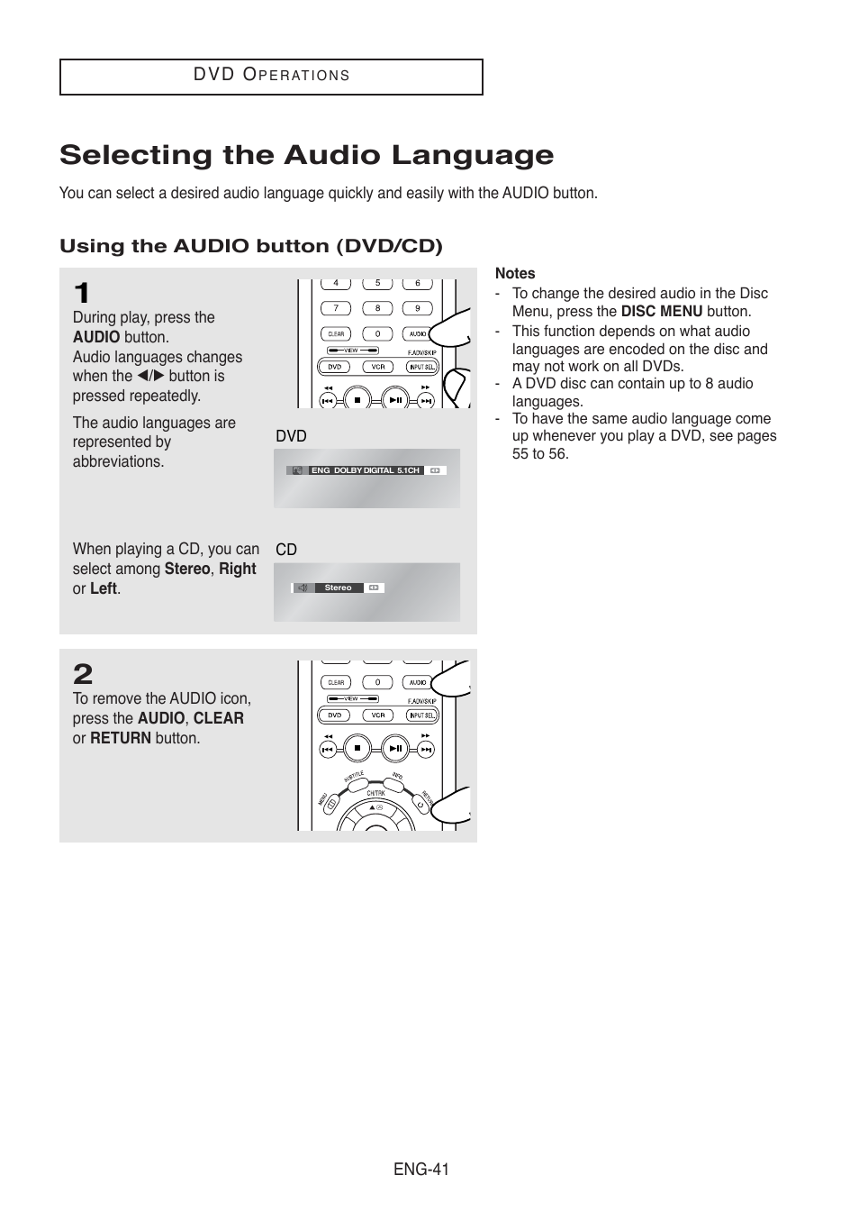 Selecting the audio language | Samsung DVD-V5500-AFS User Manual | Page 41 / 85