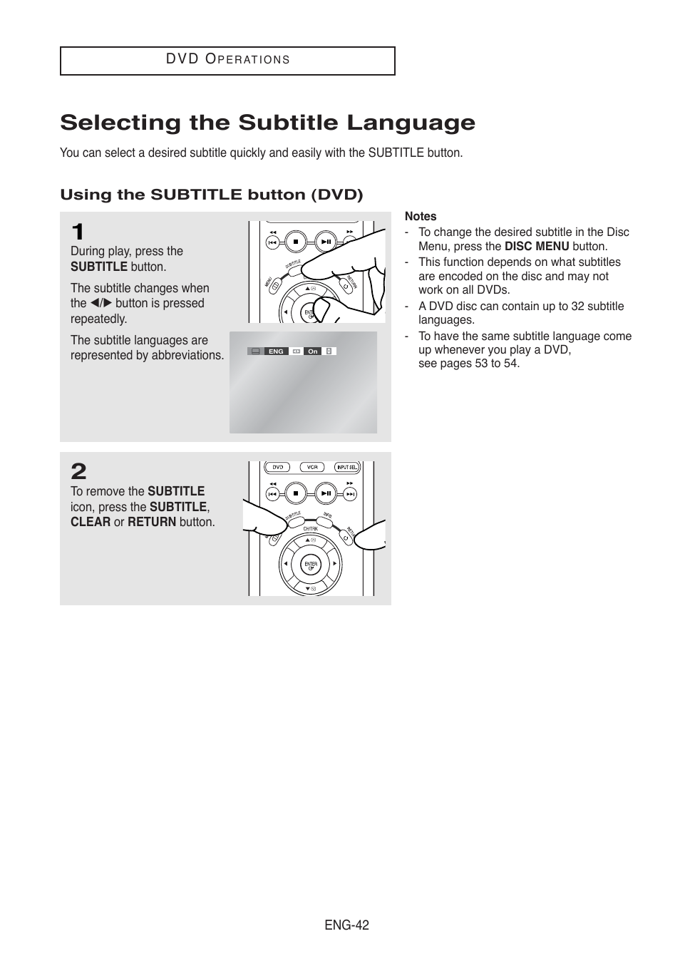 Selecting the subtitle language | Samsung DVD-V5500-AFS User Manual | Page 42 / 85