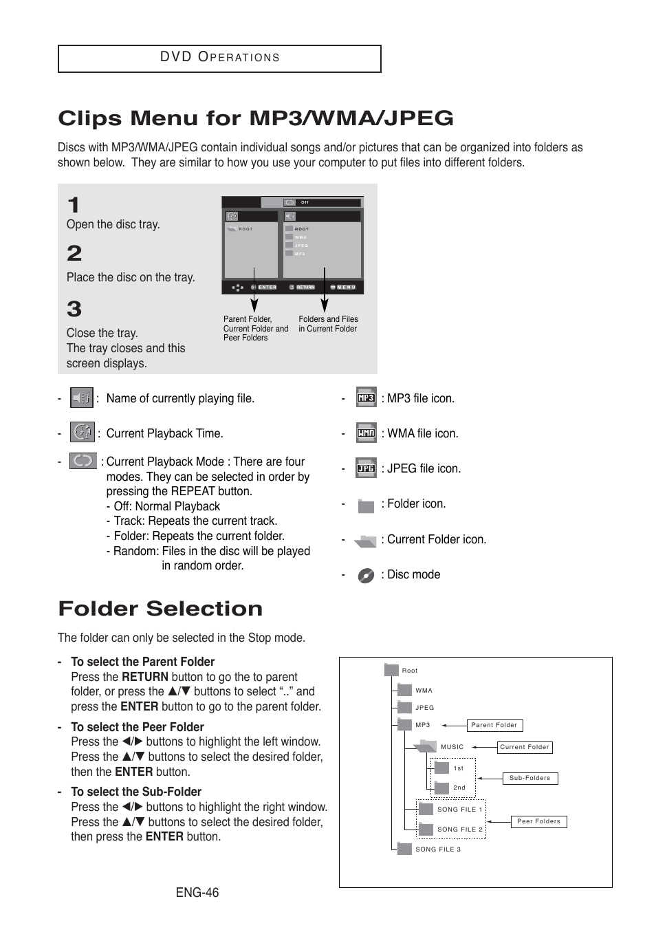 Clips menu for mp3/wma/jpeg, Folder selection, D v d o | Eng-46 | Samsung DVD-V5500-AFS User Manual | Page 46 / 85