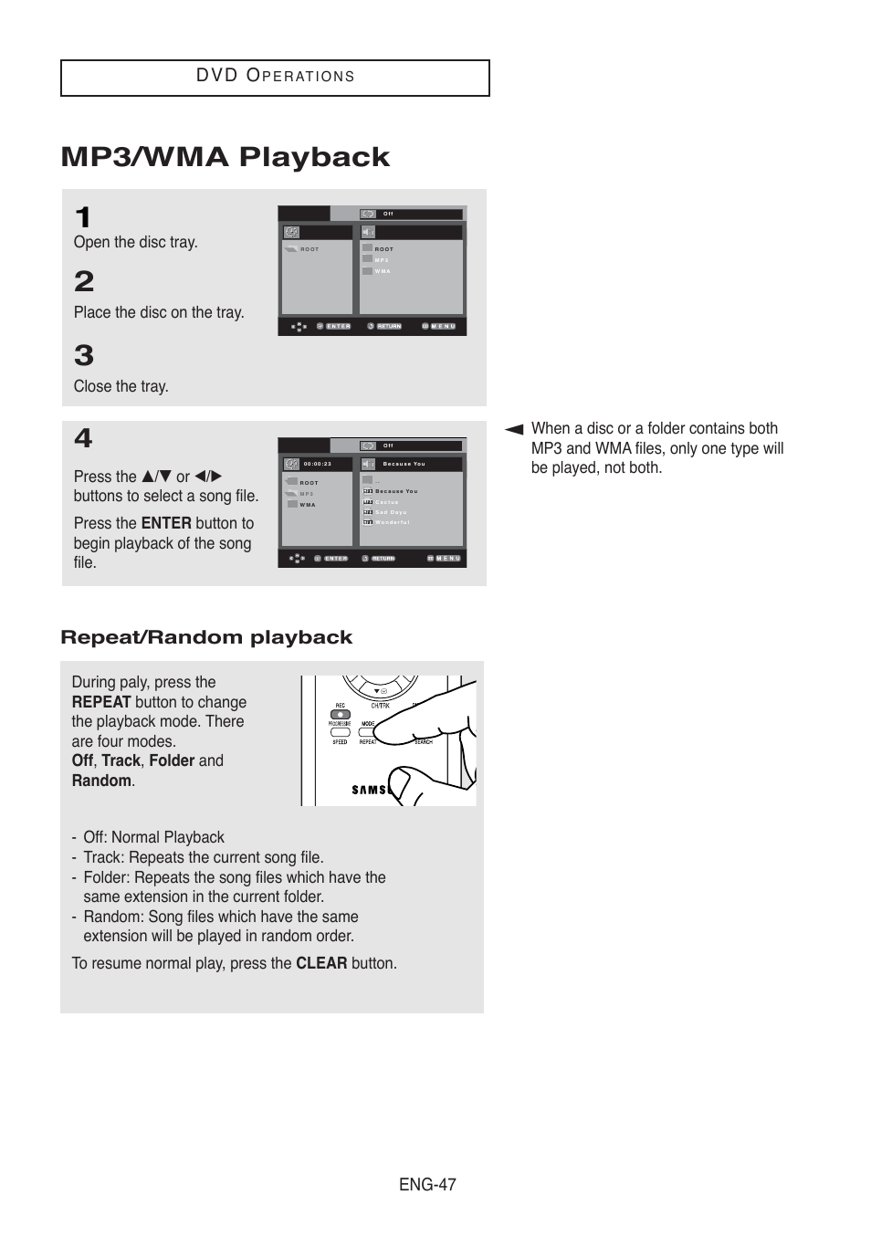 Mp3/wma playback, D v d o, Repeat/random playback | Eng-47, Open the disc tray, Place the disc on the tray, Close the tray | Samsung DVD-V5500-AFS User Manual | Page 47 / 85