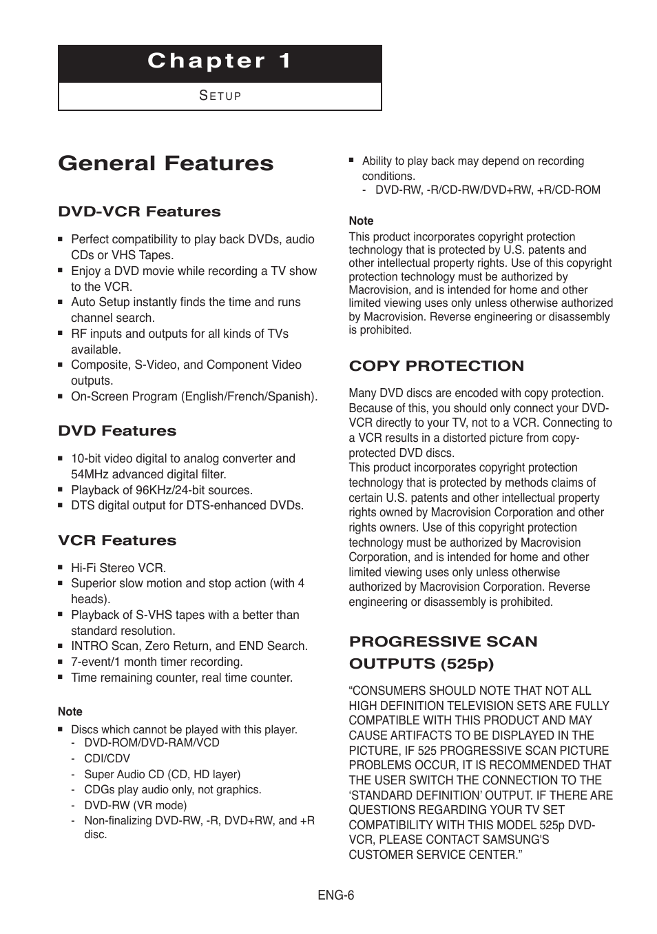 Chapter 1-setup, General features, Dvd-vcr features | Dvd features, Vcr features, Copy protection, Progressive scan outputs (525p), Eng-6 | Samsung DVD-V5500-AFS User Manual | Page 6 / 85