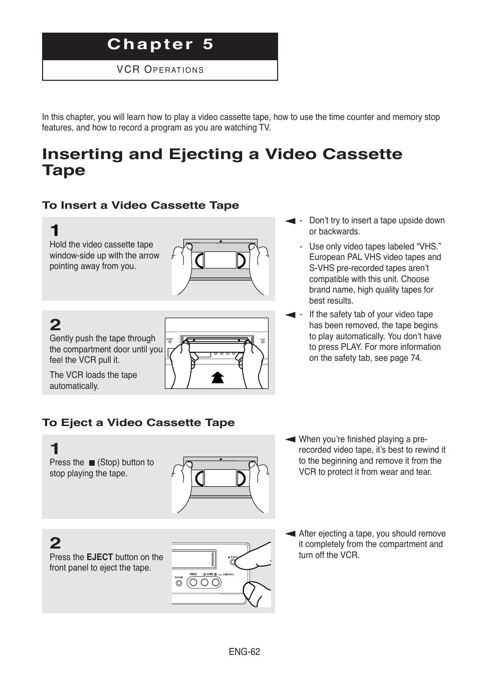 Chapter 5-vcr operations, Inserting and ejecting a video cassette tape | Samsung DVD-V5500-AFS User Manual | Page 62 / 85