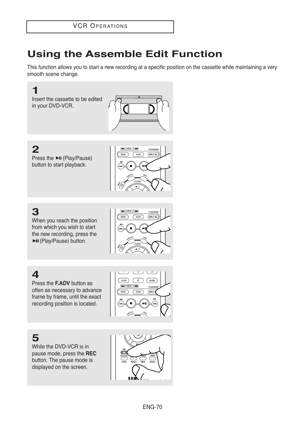 Using the assemble edit function | Samsung DVD-V5500-AFS User Manual | Page 70 / 85