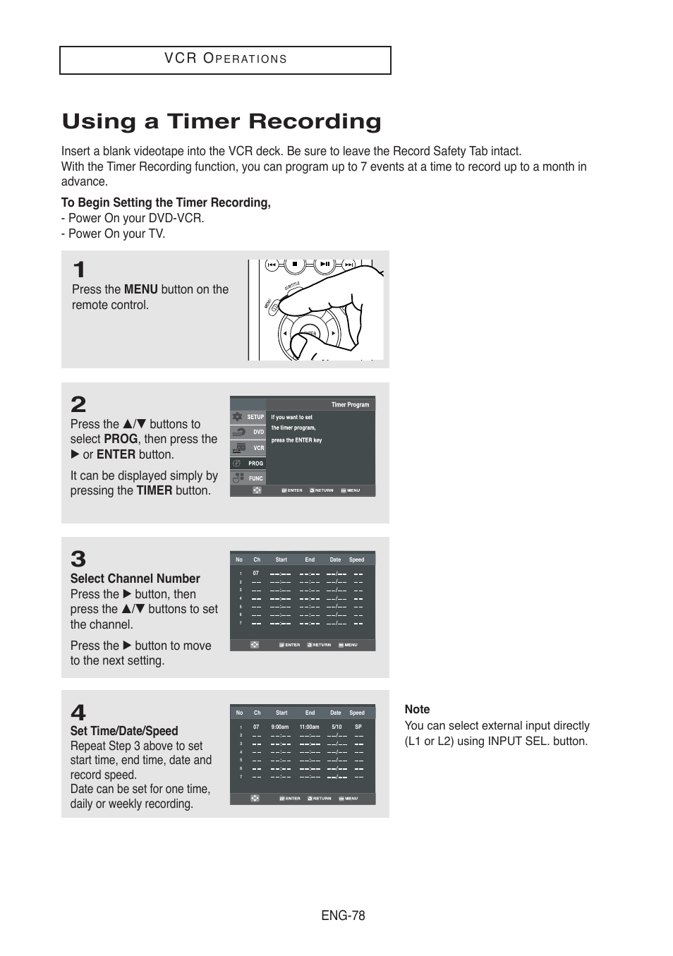 Using a timer recording, V c r o, Eng-78 | Press the menu button on the remote control | Samsung DVD-V5500-AFS User Manual | Page 78 / 85