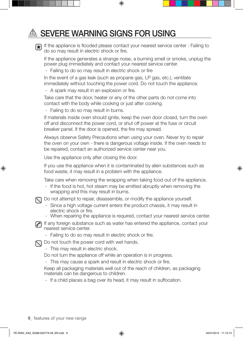 Severe warning signs for using | Samsung FE-R300SW-XAA User Manual | Page 10 / 44