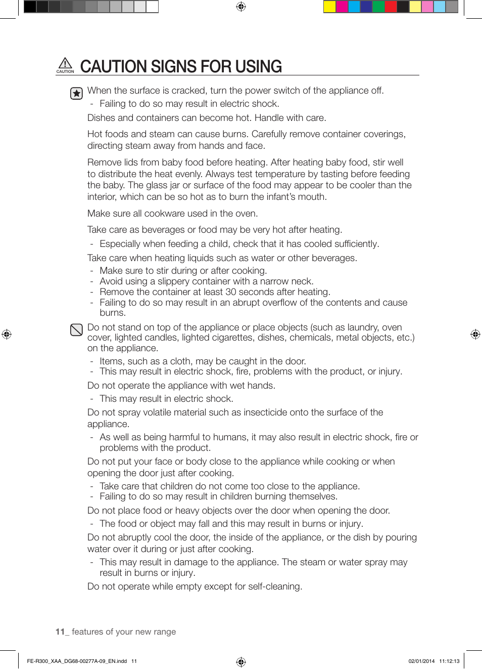 Caution signs for using | Samsung FE-R300SW-XAA User Manual | Page 12 / 44