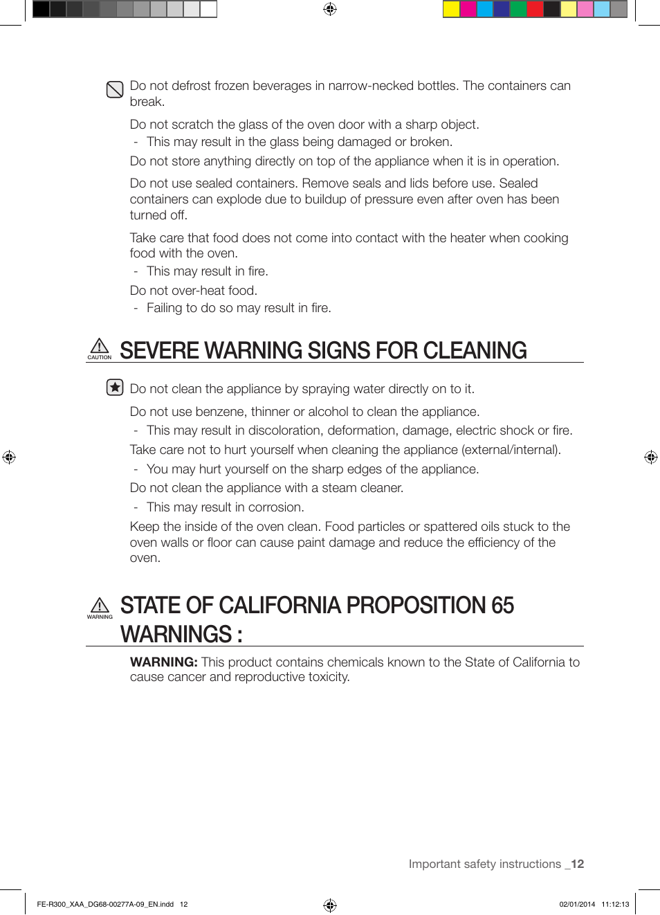 Severe warning signs for cleaning, State of california proposition 65 warnings | Samsung FE-R300SW-XAA User Manual | Page 13 / 44