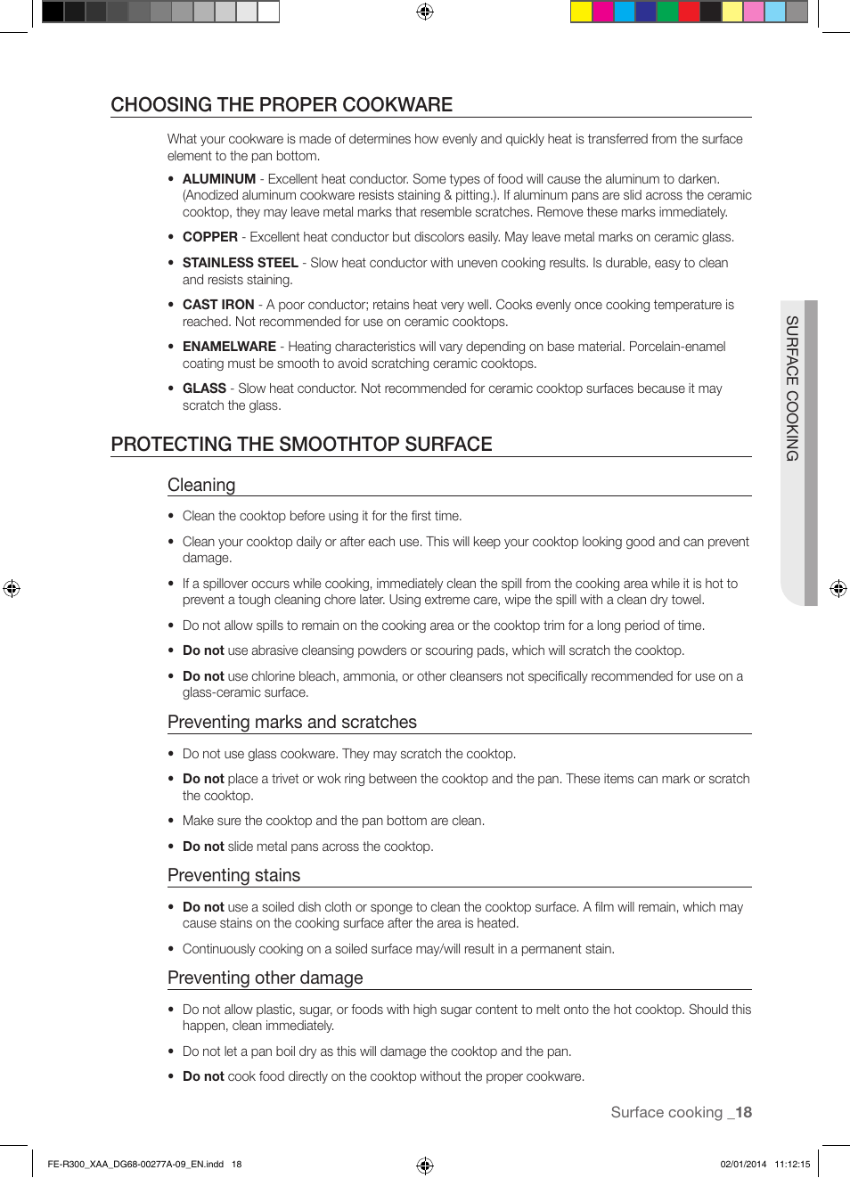 Choosing the proper cookware, Protecting the smoothtop surface, Cleaning | Preventing marks and scratches, Preventing stains, Preventing other damage | Samsung FE-R300SW-XAA User Manual | Page 19 / 44