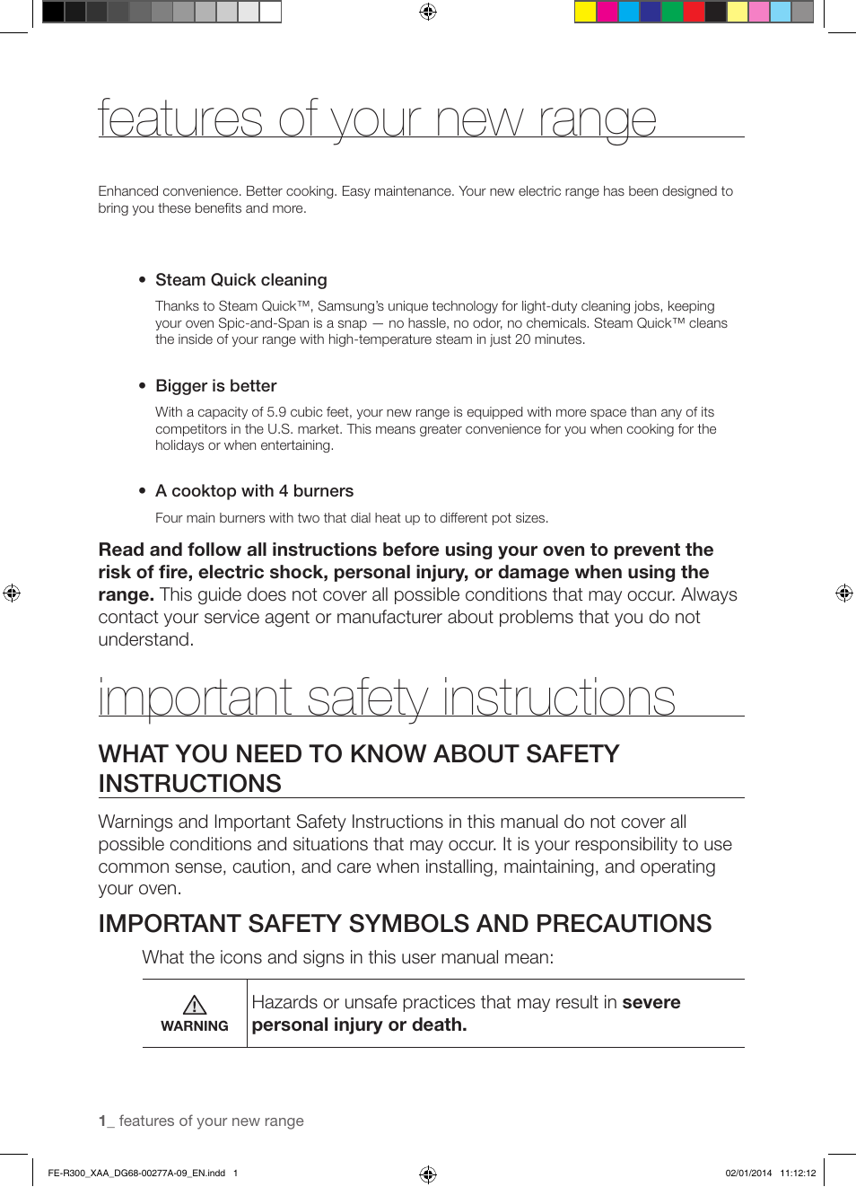 Features of your new range, Important safety instructions, What you need to know about safety instructions | Important safety symbols and precautions | Samsung FE-R300SW-XAA User Manual | Page 2 / 44