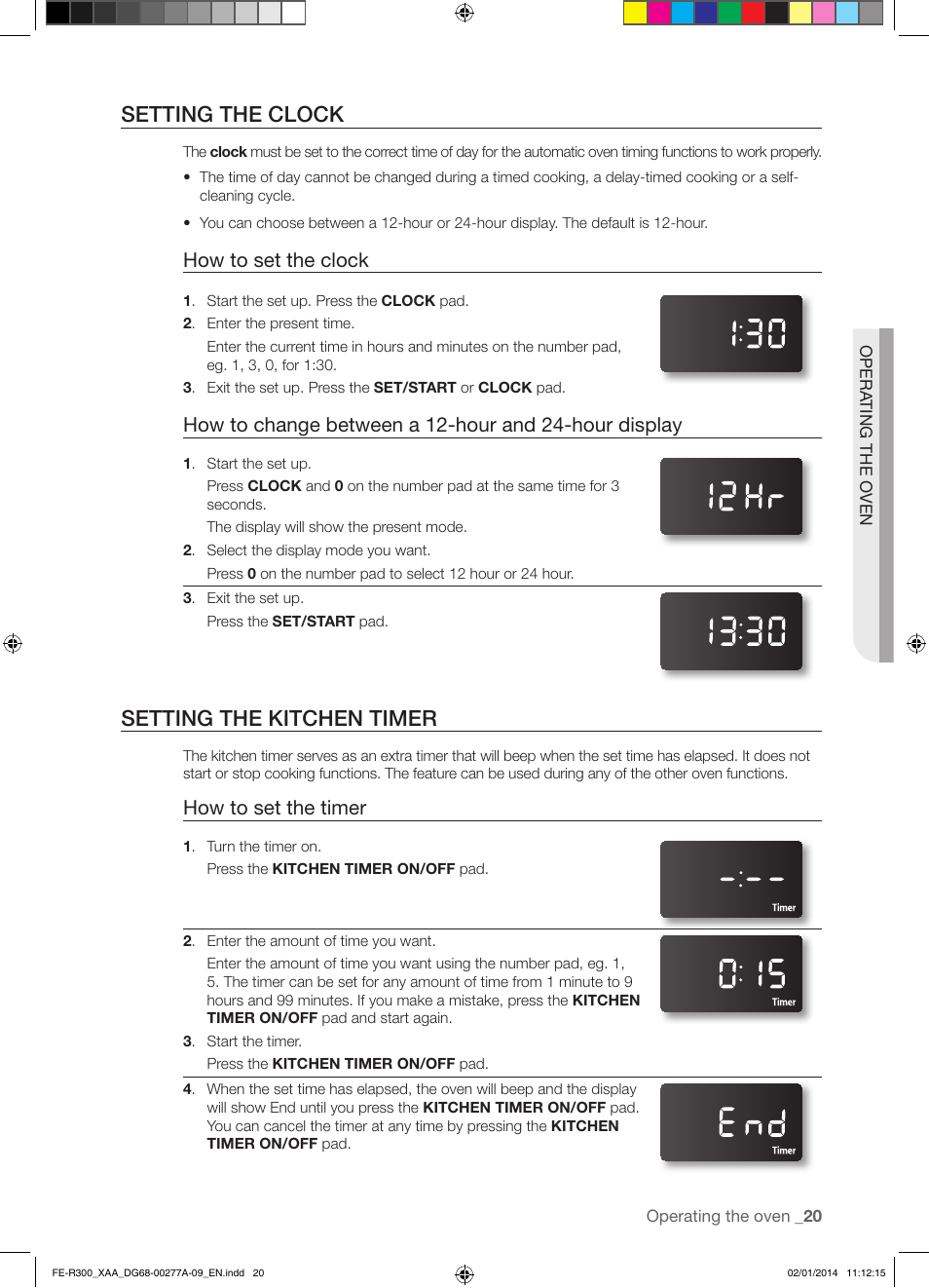 Setting the clock, Setting the kitchen timer, How to set the clock | How to set the timer | Samsung FE-R300SW-XAA User Manual | Page 21 / 44
