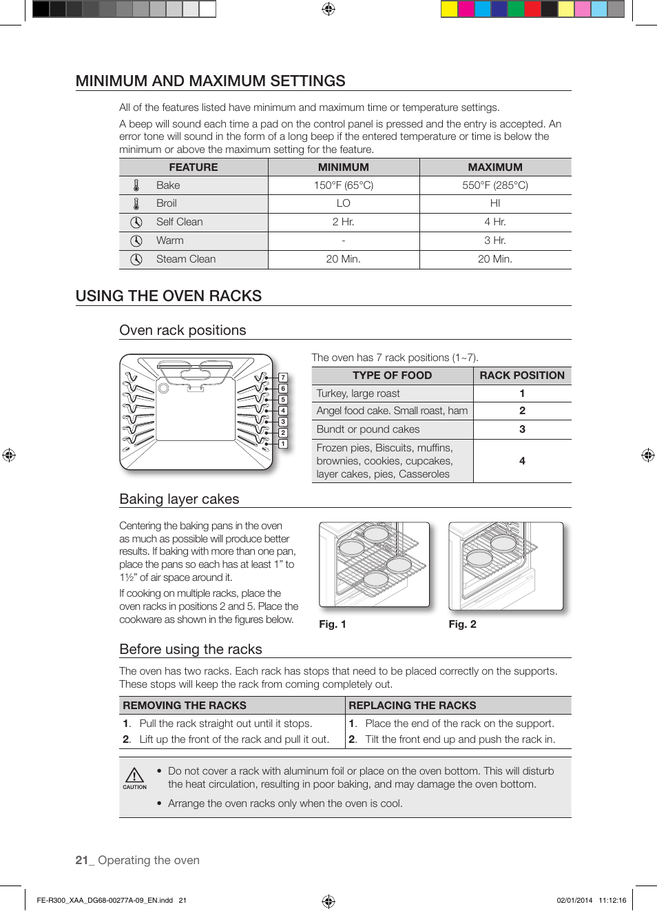 Minimum and maximum settings, Using the oven racks, Oven rack positions | Baking layer cakes, Before using the racks | Samsung FE-R300SW-XAA User Manual | Page 22 / 44