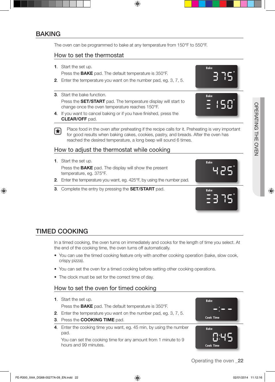 Baking, Timed cooking, How to set the thermostat | How to adjust the thermostat while cooking, How to set the oven for timed cooking | Samsung FE-R300SW-XAA User Manual | Page 23 / 44