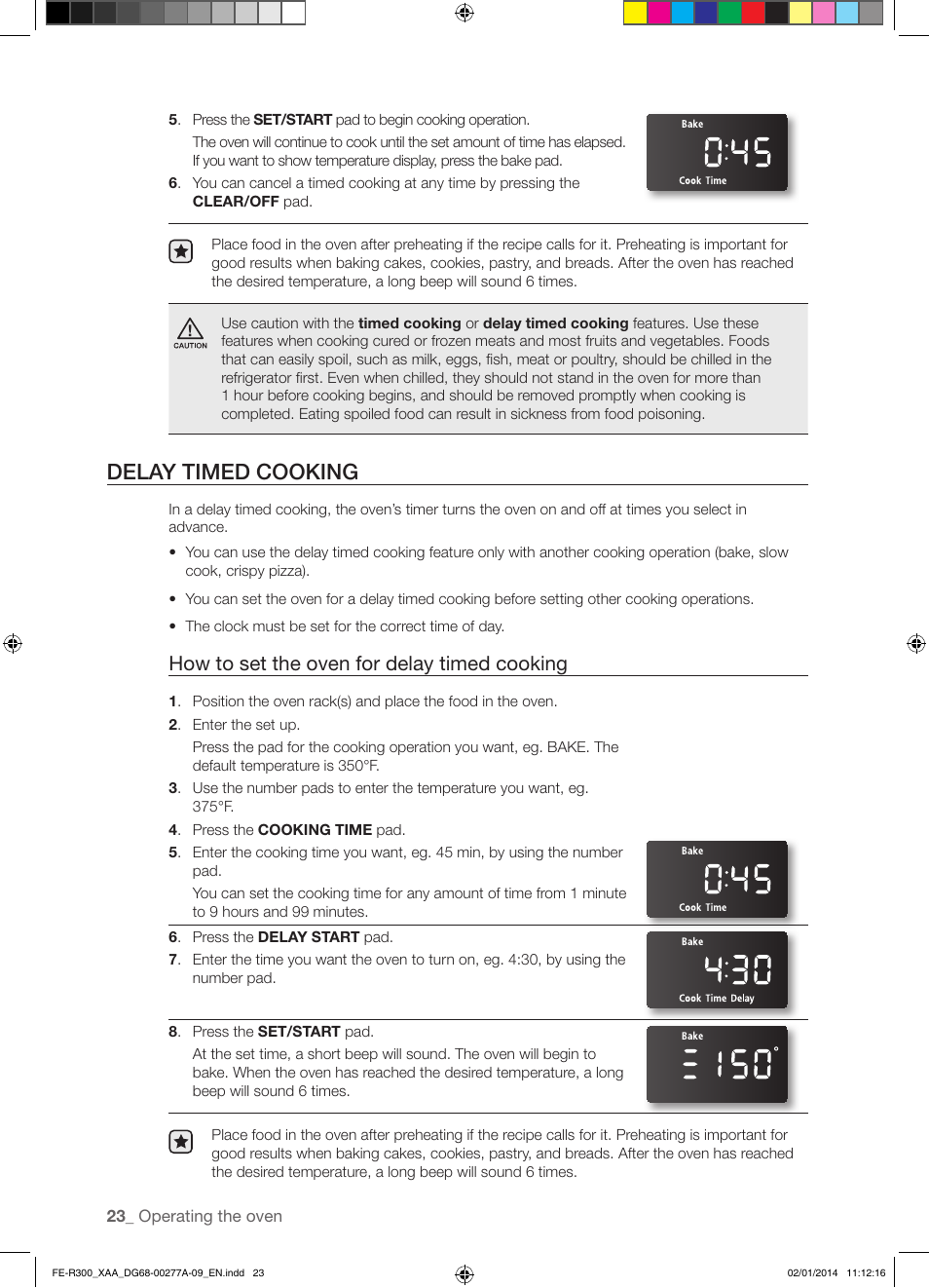Delay timed cooking, How to set the oven for delay timed cooking | Samsung FE-R300SW-XAA User Manual | Page 24 / 44