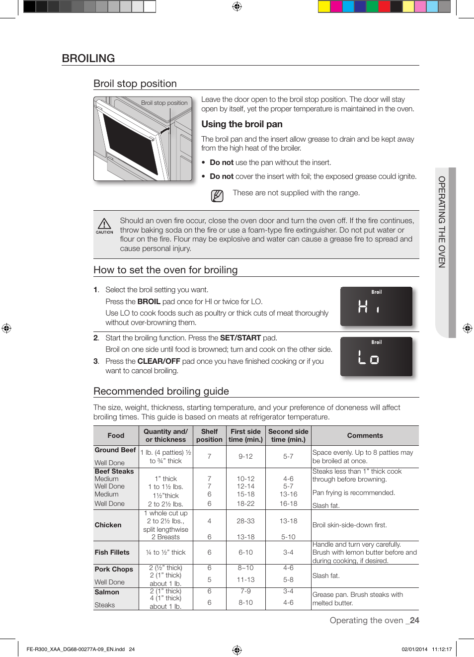 Broiling, Broil stop position, How to set the oven for broiling | Recommended broiling guide, Using the broil pan | Samsung FE-R300SW-XAA User Manual | Page 25 / 44