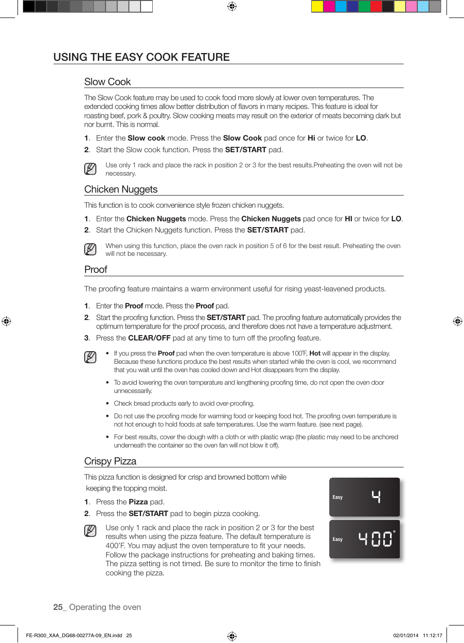 Using the easy cook feature, Slow cook, Chicken nuggets | Proof, Crispy pizza | Samsung FE-R300SW-XAA User Manual | Page 26 / 44