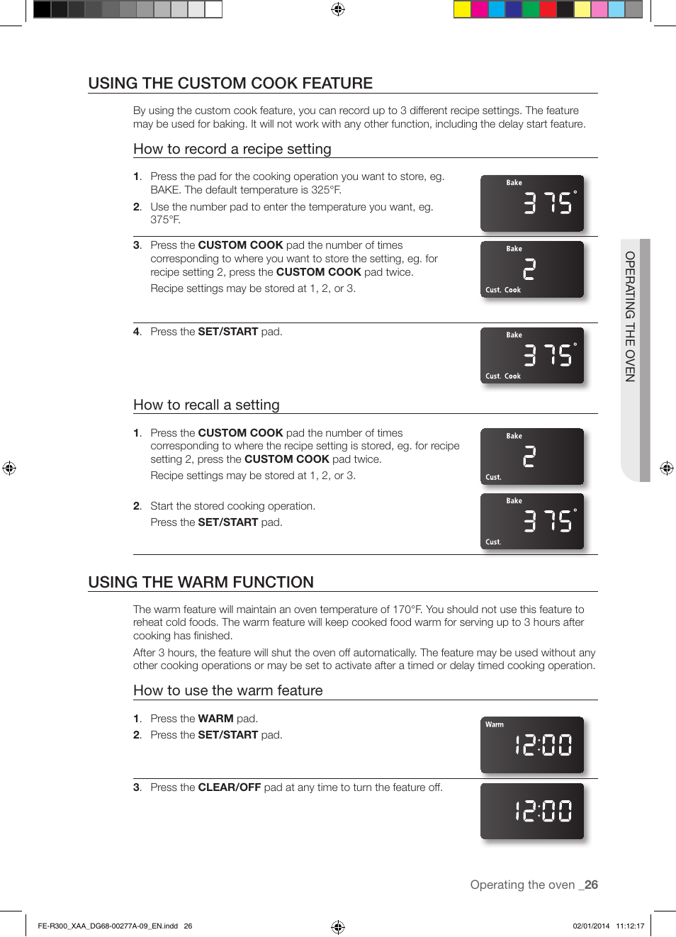 Using the custom cook feature, Using the warm function, How to record a recipe setting | How to recall a setting, How to use the warm feature | Samsung FE-R300SW-XAA User Manual | Page 27 / 44
