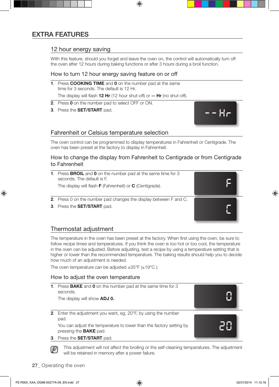 Extra features, 12 hour energy saving, Fahrenheit or celsius temperature selection | Thermostat adjustment | Samsung FE-R300SW-XAA User Manual | Page 28 / 44