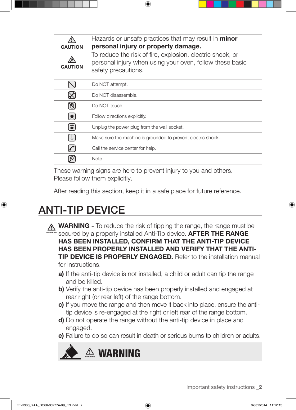 Anti-tip device, Warning | Samsung FE-R300SW-XAA User Manual | Page 3 / 44