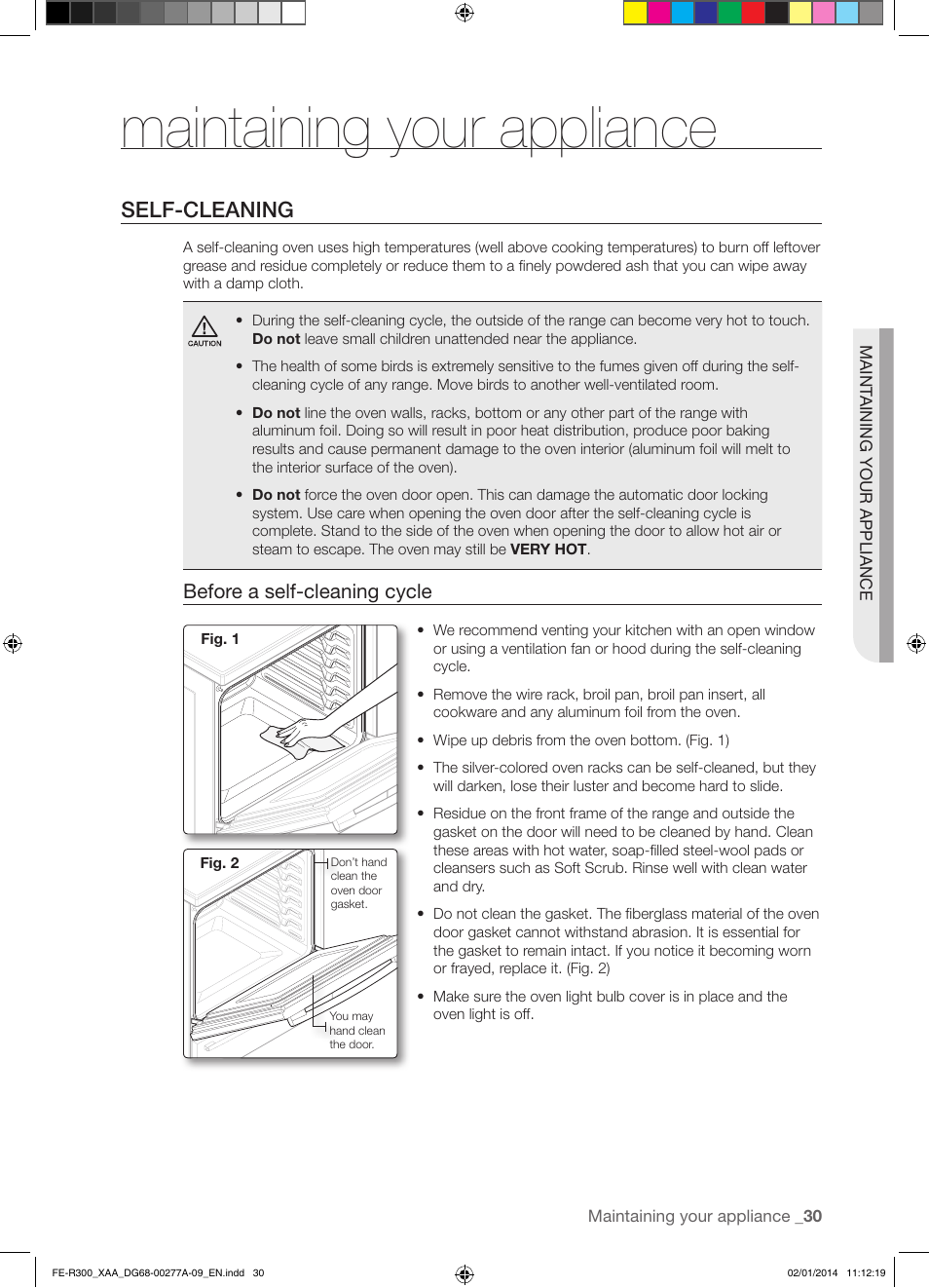 Maintaining your appliance, Self-cleaning, Before a self-cleaning cycle | Samsung FE-R300SW-XAA User Manual | Page 31 / 44