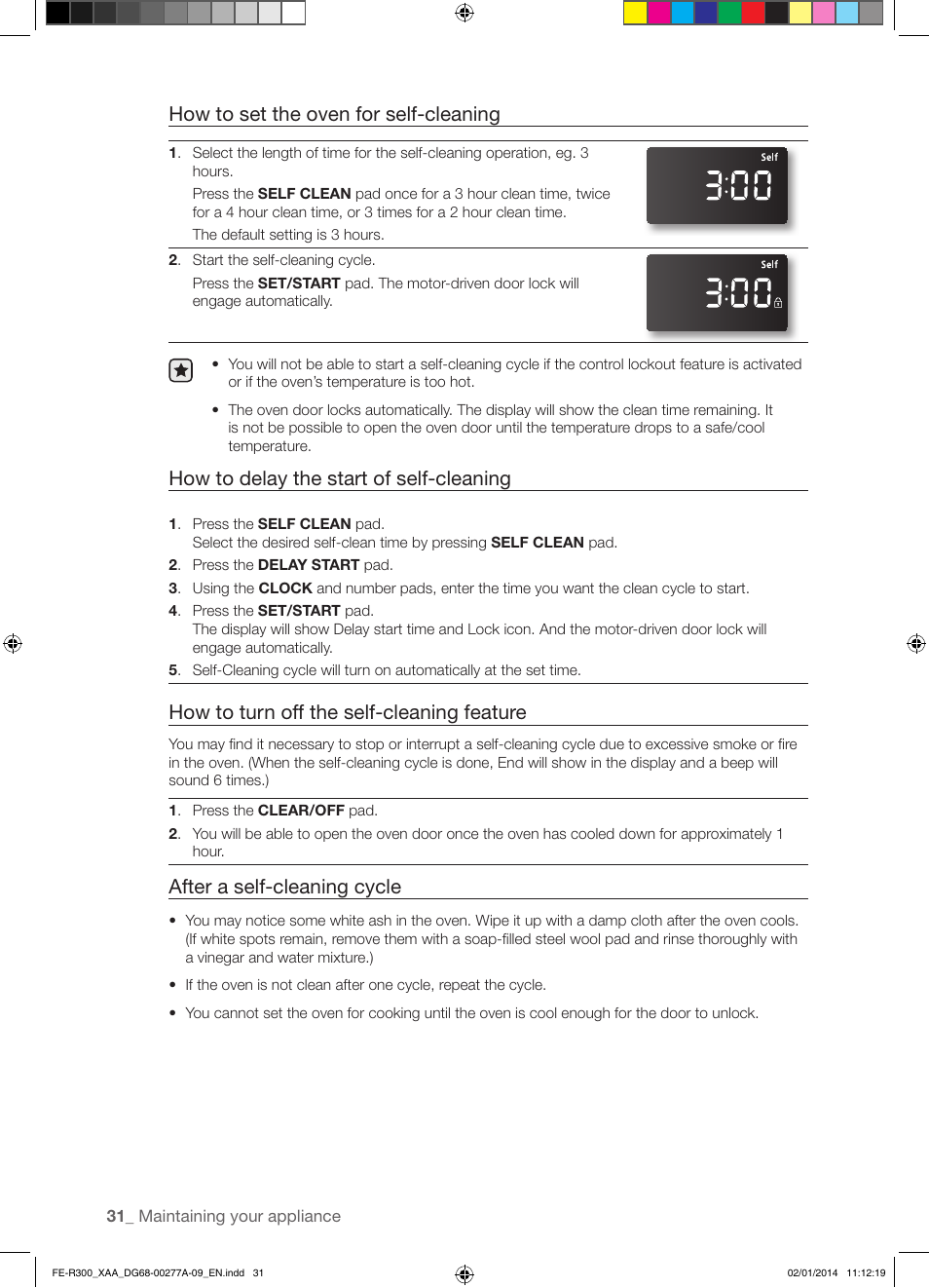 How to set the oven for self-cleaning, How to delay the start of self-cleaning, How to turn off the self-cleaning feature | After a self-cleaning cycle | Samsung FE-R300SW-XAA User Manual | Page 32 / 44