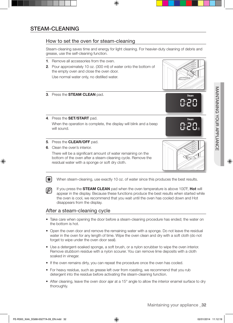 Steam-cleaning, How to set the oven for steam-cleaning, After a steam-cleaning cycle | Samsung FE-R300SW-XAA User Manual | Page 33 / 44