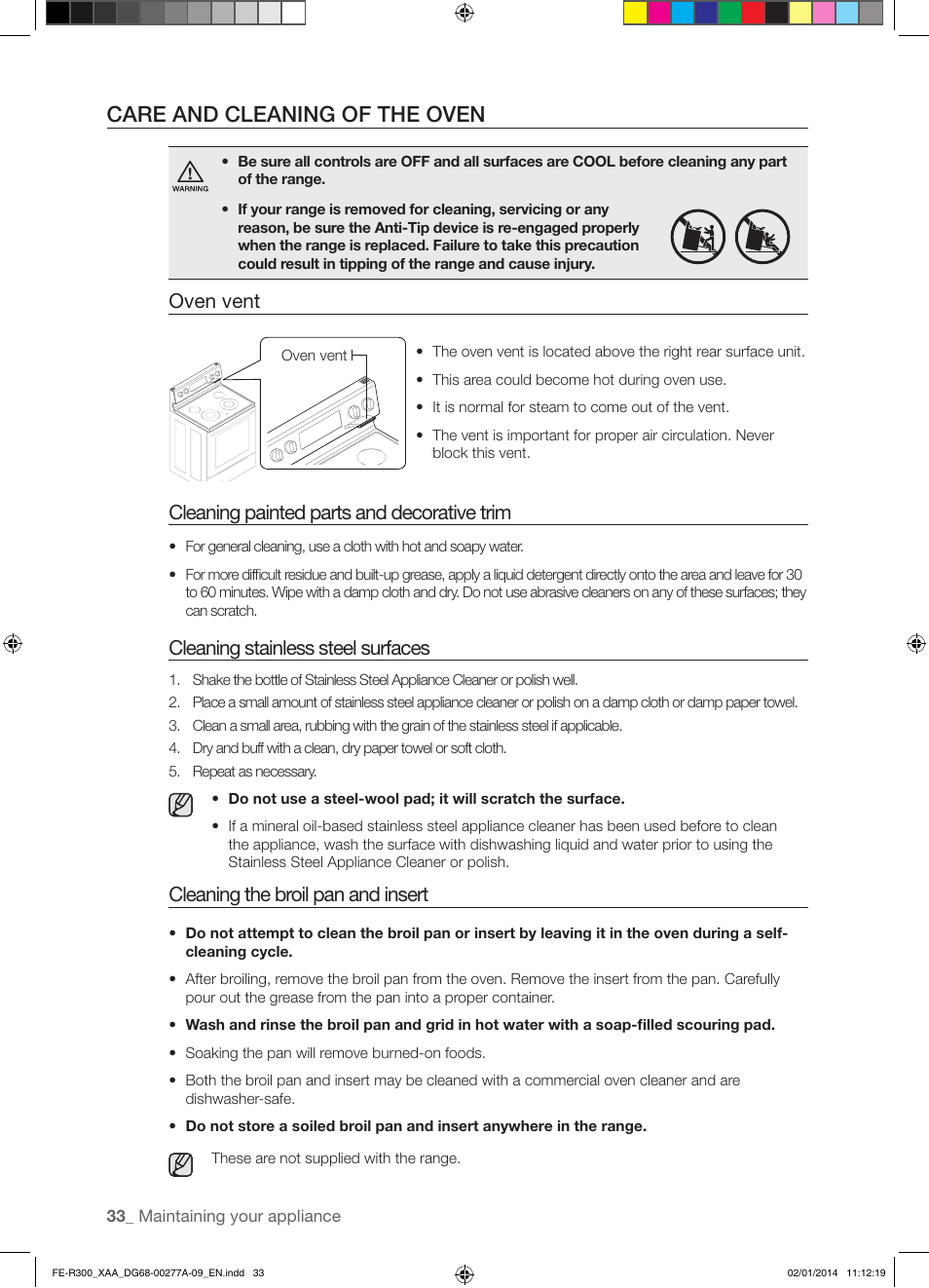 Care and cleaning of the oven, Oven vent, Cleaning painted parts and decorative trim | Cleaning stainless steel surfaces, Cleaning the broil pan and insert | Samsung FE-R300SW-XAA User Manual | Page 34 / 44