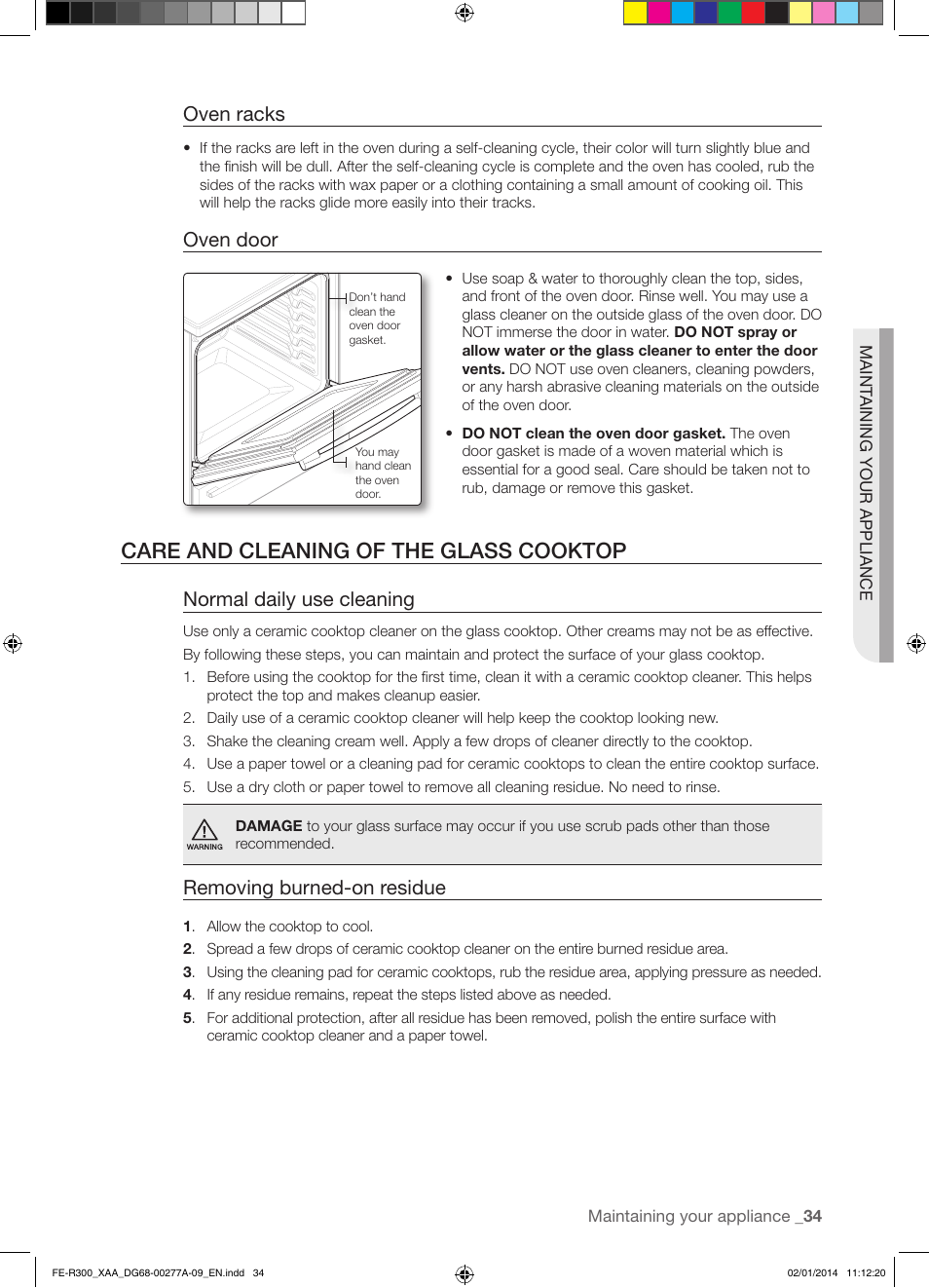 Care and cleaning of the glass cooktop, Oven racks, Oven door | Normal daily use cleaning, Removing burned-on residue | Samsung FE-R300SW-XAA User Manual | Page 35 / 44
