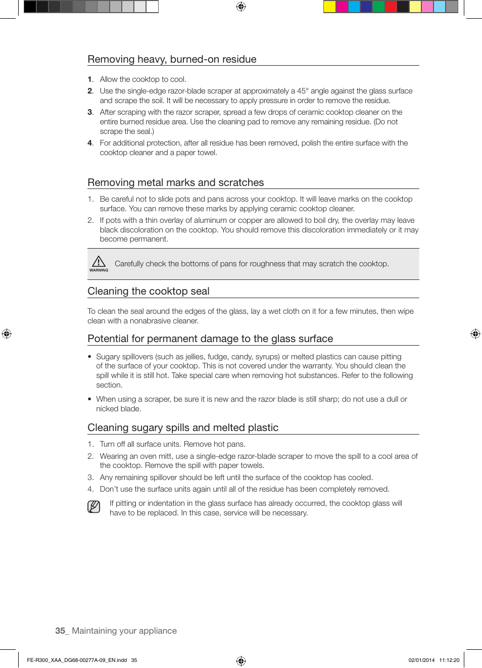 Removing heavy, burned-on residue, Removing metal marks and scratches, Cleaning the cooktop seal | Cleaning sugary spills and melted plastic | Samsung FE-R300SW-XAA User Manual | Page 36 / 44