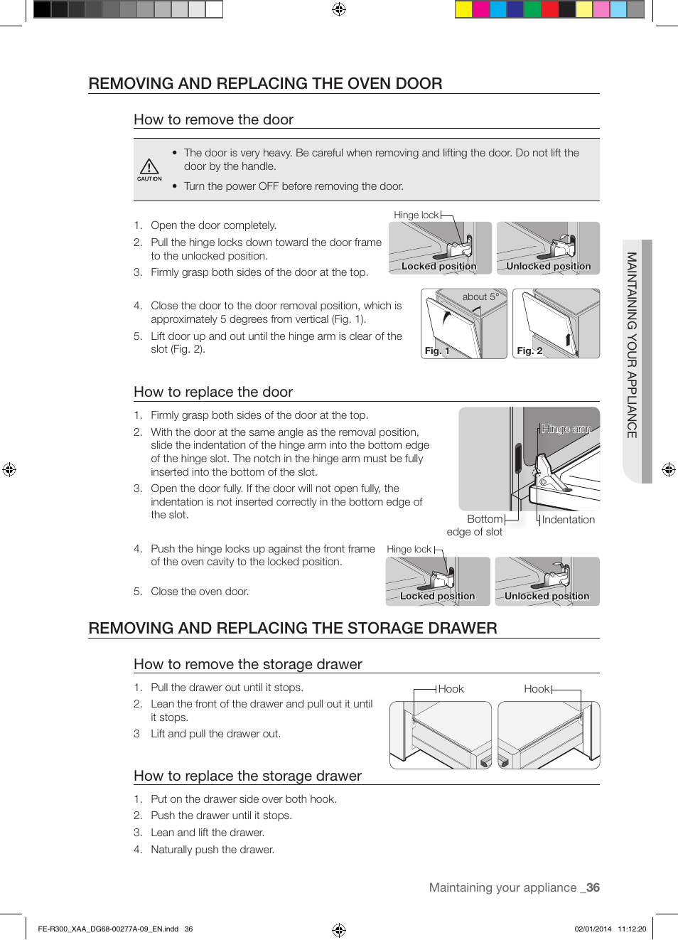 Removing and replacing the oven door, Removing and replacing the storage drawer, How to remove the door | How to replace the door, How to remove the storage drawer, How to replace the storage drawer | Samsung FE-R300SW-XAA User Manual | Page 37 / 44