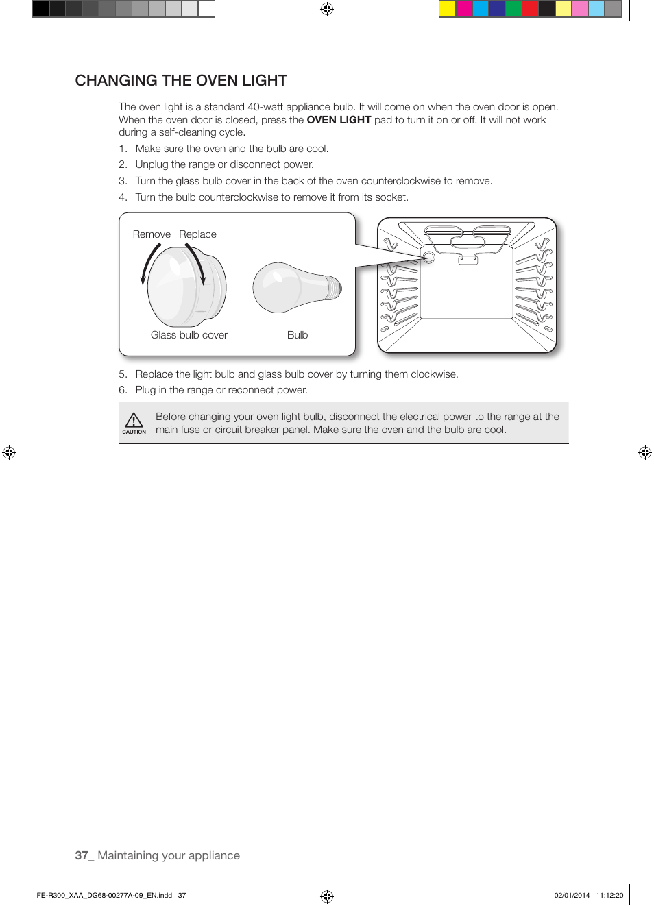 Changing the oven light | Samsung FE-R300SW-XAA User Manual | Page 38 / 44