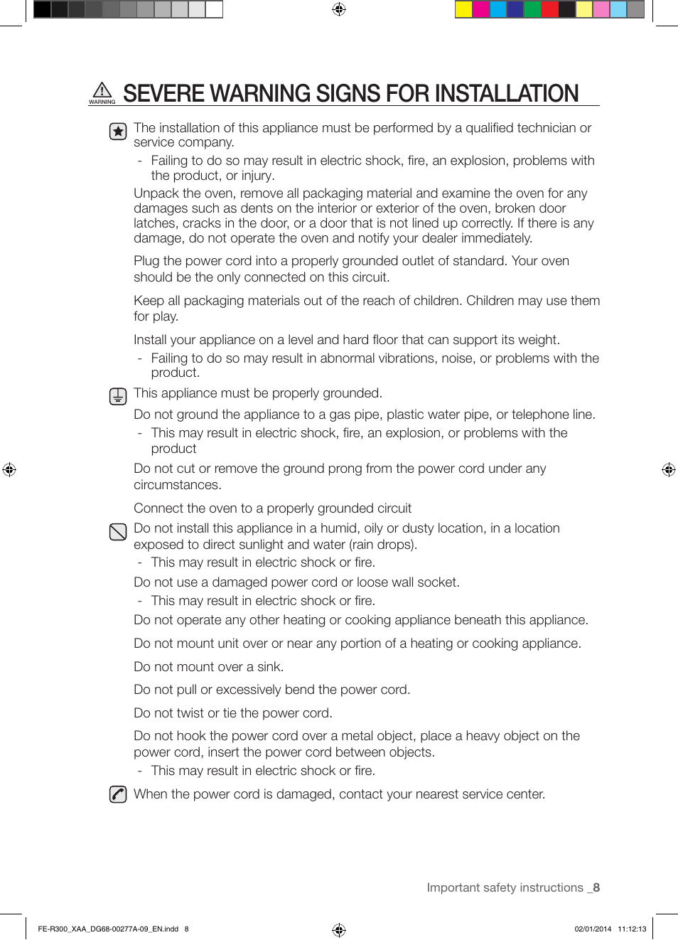 Severe warning signs for installation | Samsung FE-R300SW-XAA User Manual | Page 9 / 44