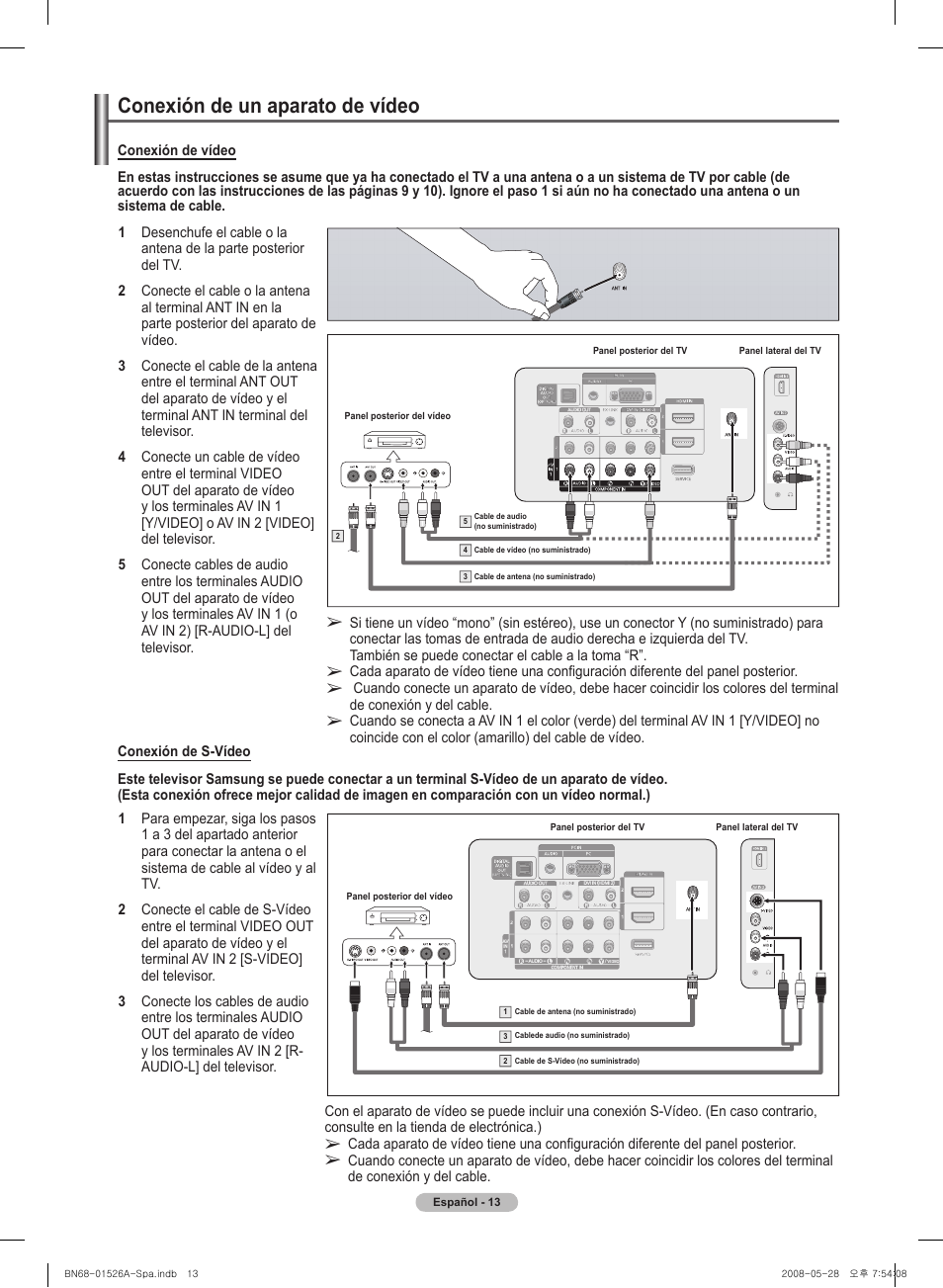 Conexión de un aparato de vídeo | Samsung PN50A530S2FXZA User Manual | Page 100 / 168