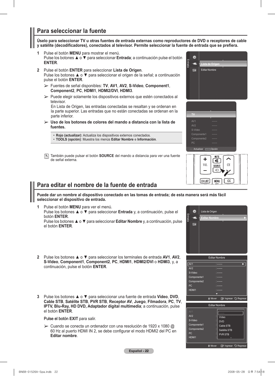 Para sel�eccionar l�a fuente, Para editar el� nombre de l�a fuente de entrada | Samsung PN50A530S2FXZA User Manual | Page 109 / 168