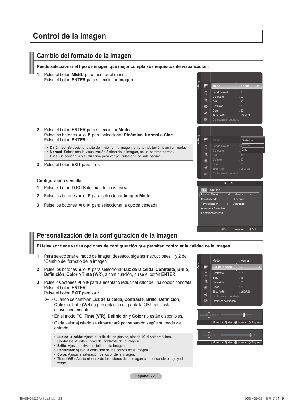 Control� de l�a imagen, Cambio del� formato de l�a imagen | Samsung PN50A530S2FXZA User Manual | Page 110 / 168