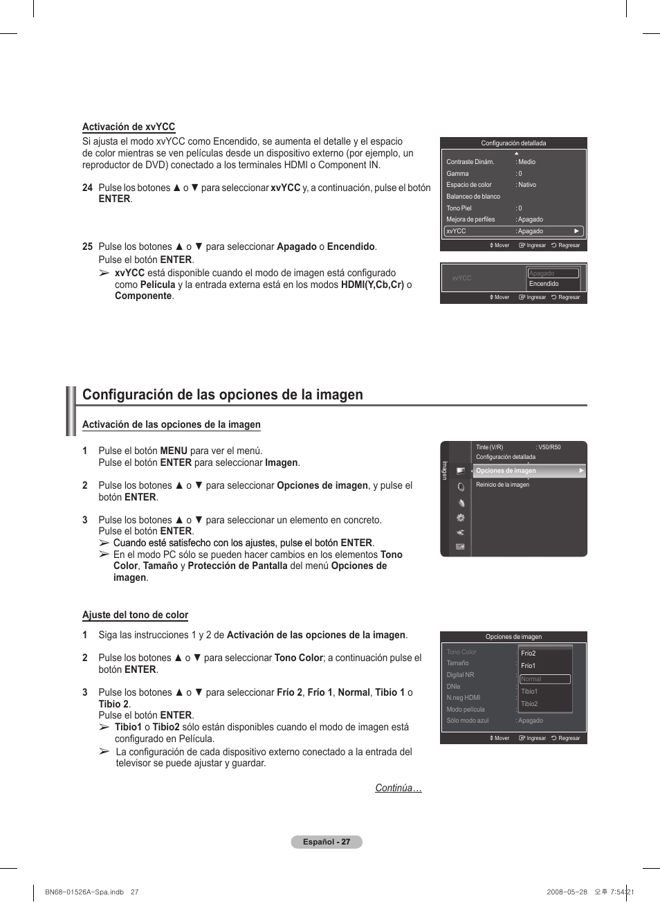 Configuración de l�as opciones de l�a imagen | Samsung PN50A530S2FXZA User Manual | Page 114 / 168