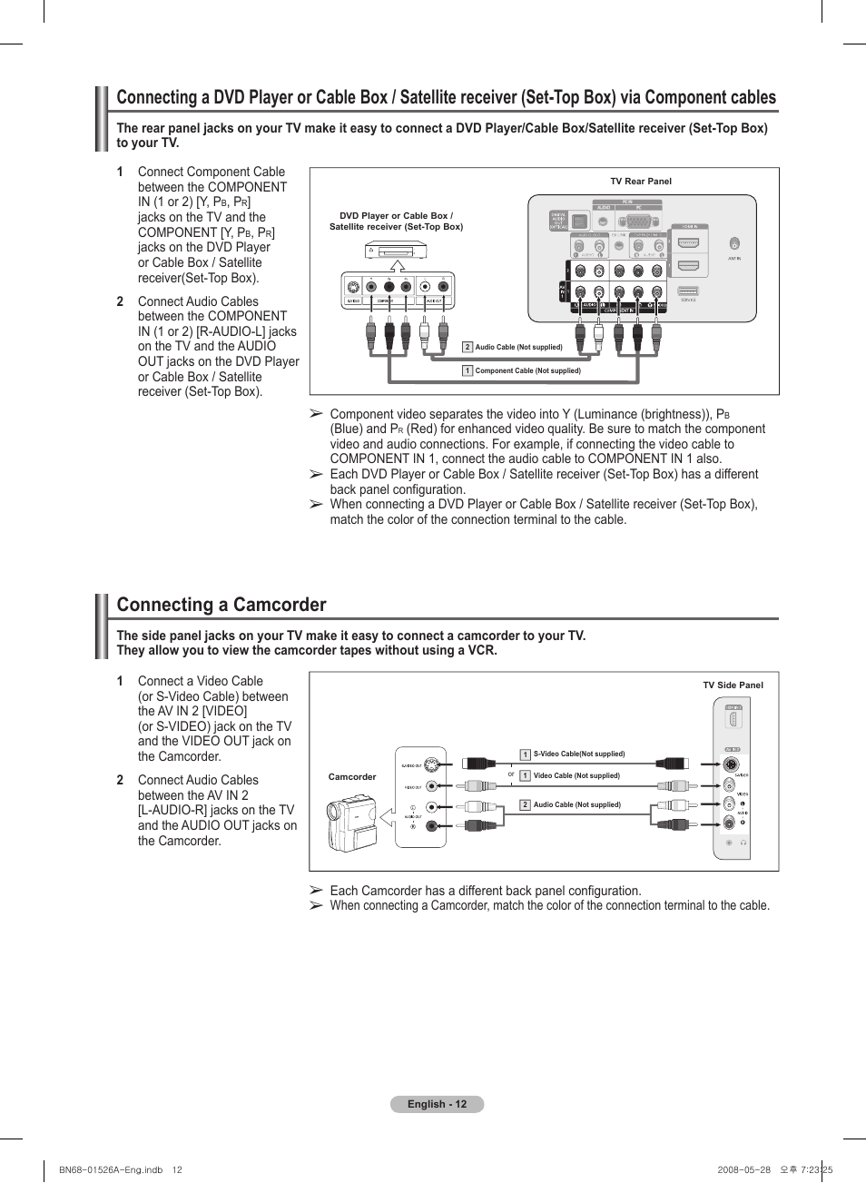 Connecting a camcorder | Samsung PN50A530S2FXZA User Manual | Page 12 / 168