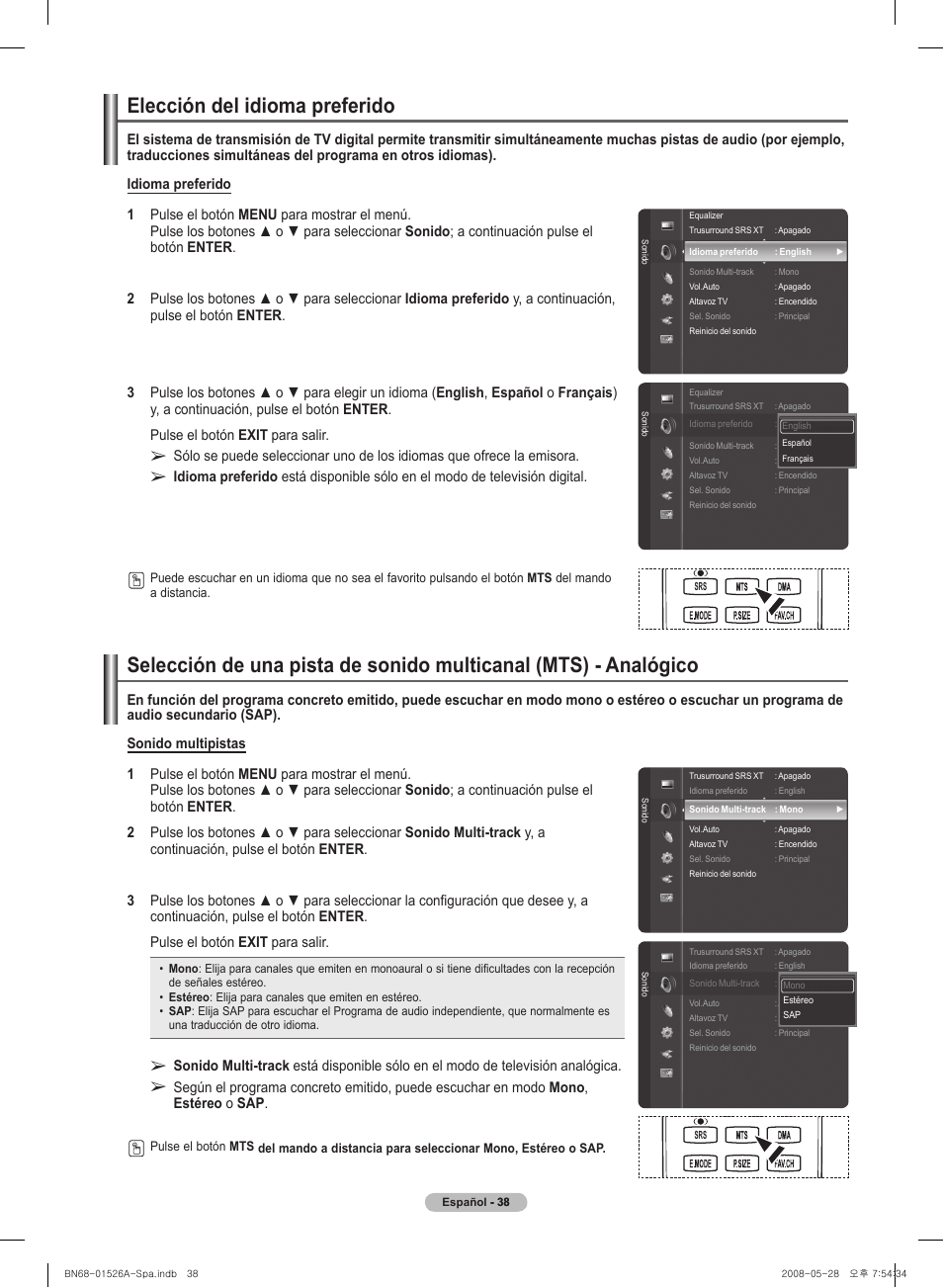 El�ección del� idioma preferido | Samsung PN50A530S2FXZA User Manual | Page 125 / 168