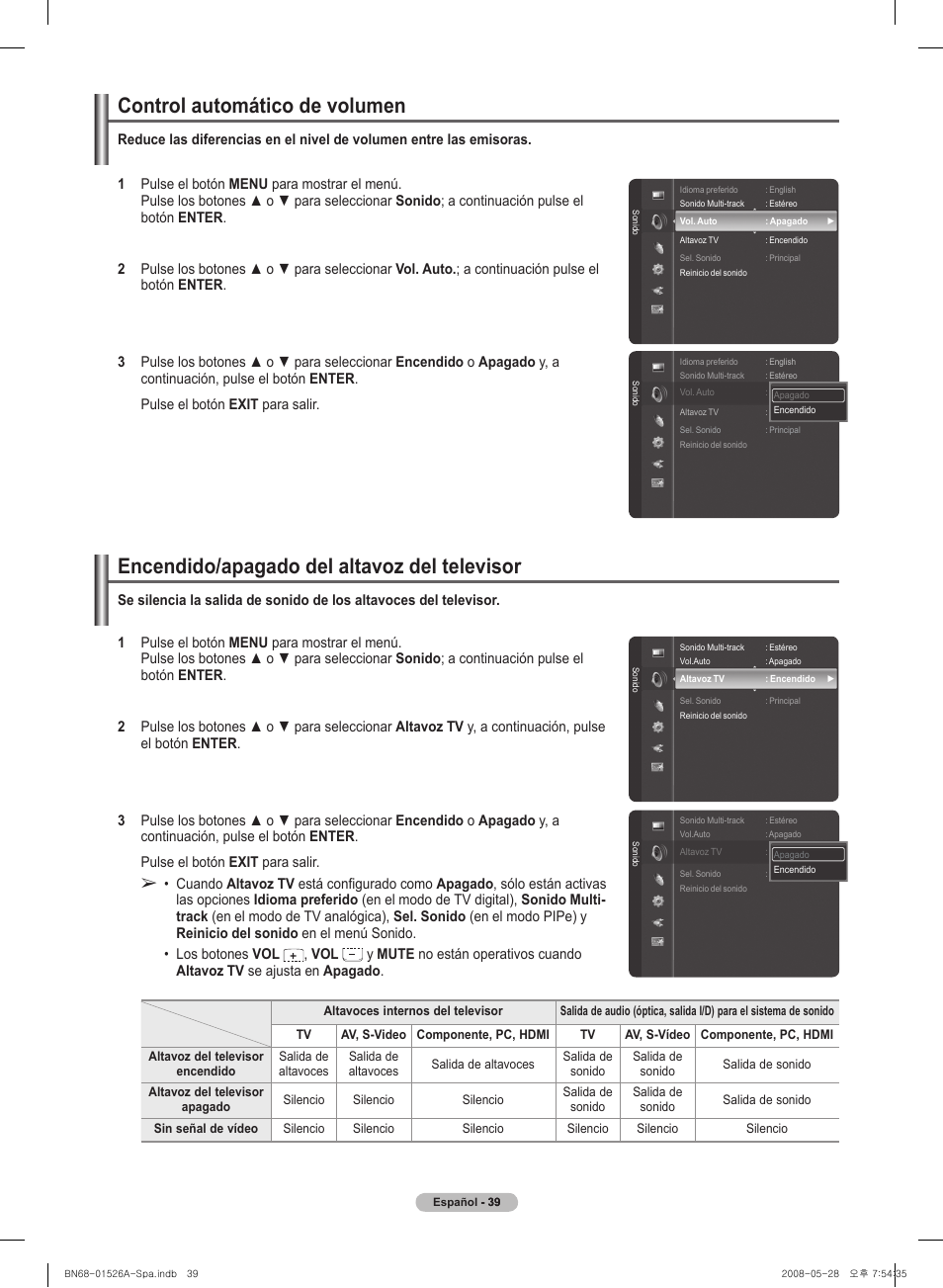 Control� automático de vol�umen, Encendido/apagado del� al�tavoz del� tel�evisor | Samsung PN50A530S2FXZA User Manual | Page 126 / 168