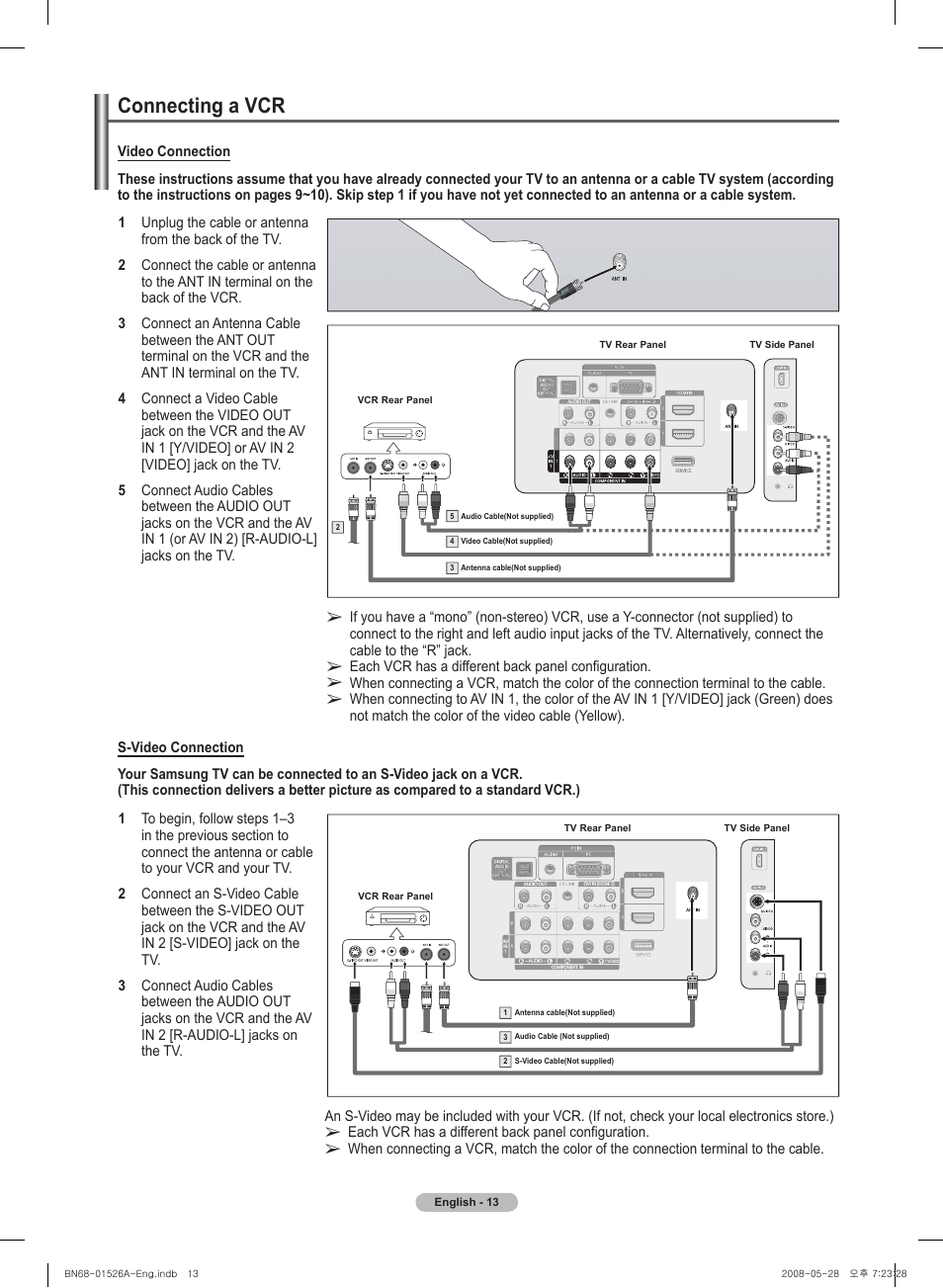 Connecting a vcr | Samsung PN50A530S2FXZA User Manual | Page 13 / 168