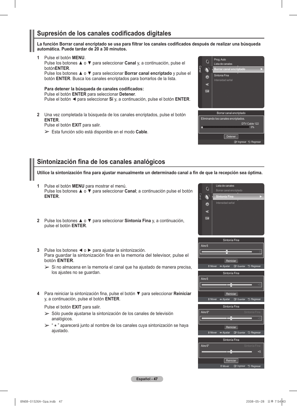 Supresión de l�os canal�es codificados digital�es, Sintonización fina de l�os canal�es anal�ógicos | Samsung PN50A530S2FXZA User Manual | Page 134 / 168