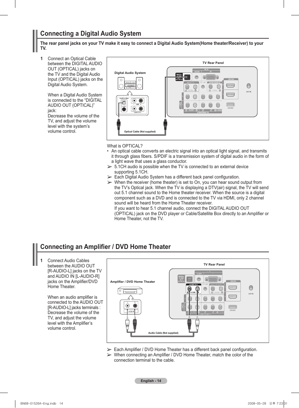 Connecting a digital audio system, Connecting an amplifier / dvd home theater | Samsung PN50A530S2FXZA User Manual | Page 14 / 168