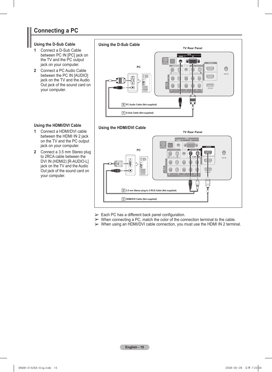 Connecting a pc | Samsung PN50A530S2FXZA User Manual | Page 15 / 168