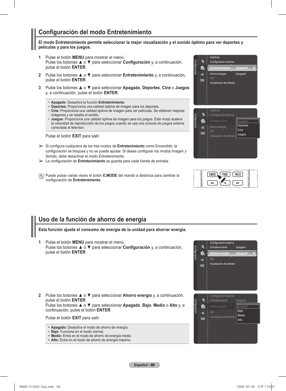 Uso de l�a función de ahorro de energía, Configuración del� modo entretenimiento | Samsung PN50A530S2FXZA User Manual | Page 155 / 168