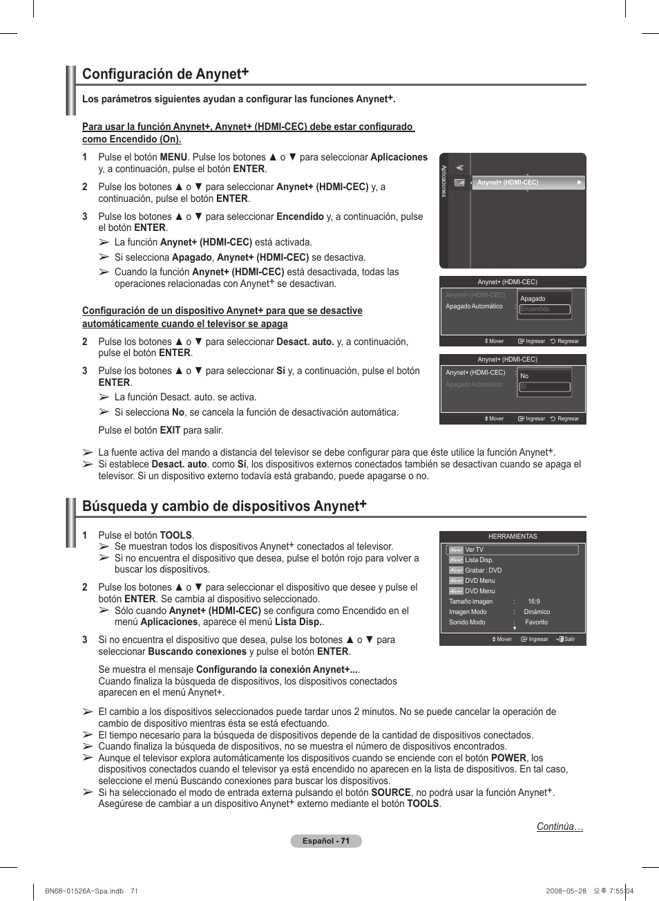 Configuración de anynet, Búsqueda y cambio de dispositivos anynet | Samsung PN50A530S2FXZA User Manual | Page 158 / 168