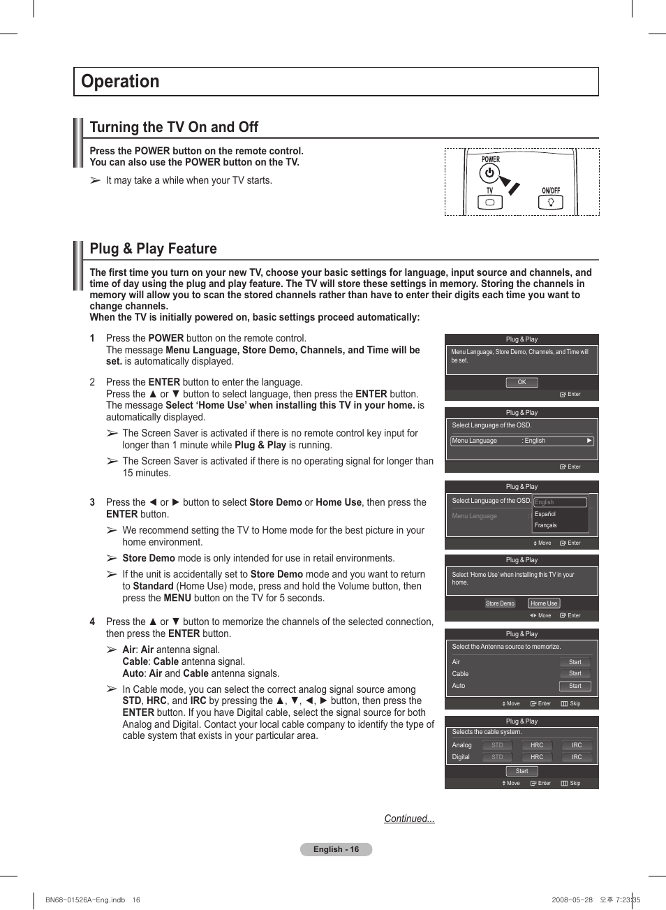 Operation, Turning the tv on and off, Plug & play feature | Samsung PN50A530S2FXZA User Manual | Page 16 / 168
