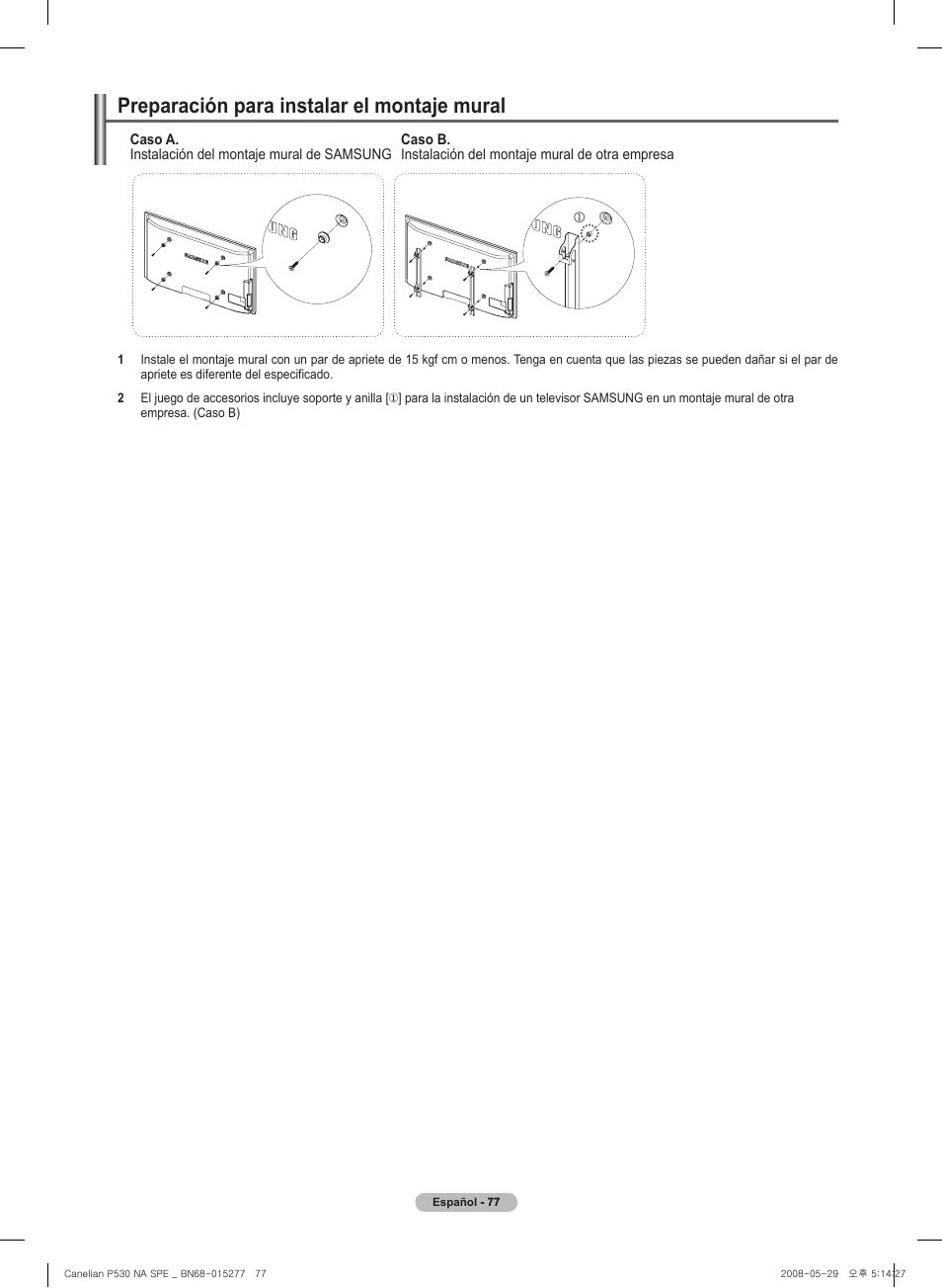 Preparación para instal�ar el� montaje mural | Samsung PN50A530S2FXZA User Manual | Page 164 / 168