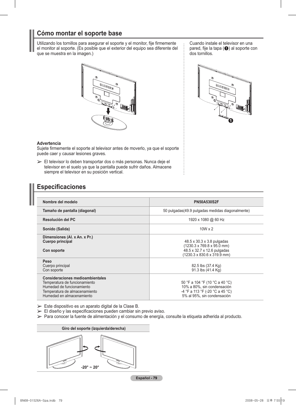 Cómo montar el� soporte base, Especificaciones | Samsung PN50A530S2FXZA User Manual | Page 166 / 168