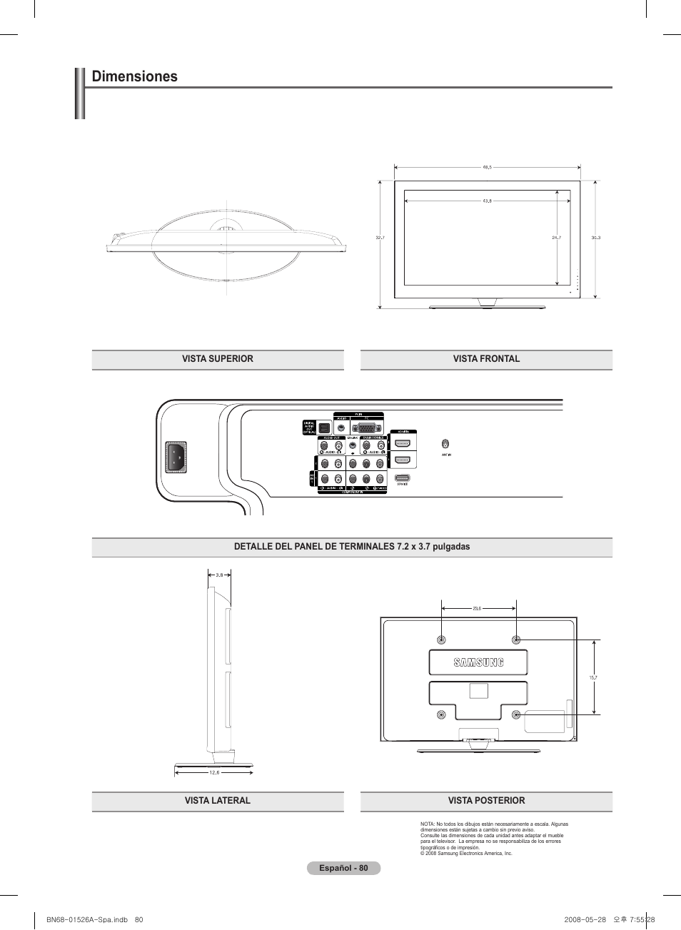 Esta página se ha dejado en blanco expresamente, Dimensiones | Samsung PN50A530S2FXZA User Manual | Page 167 / 168