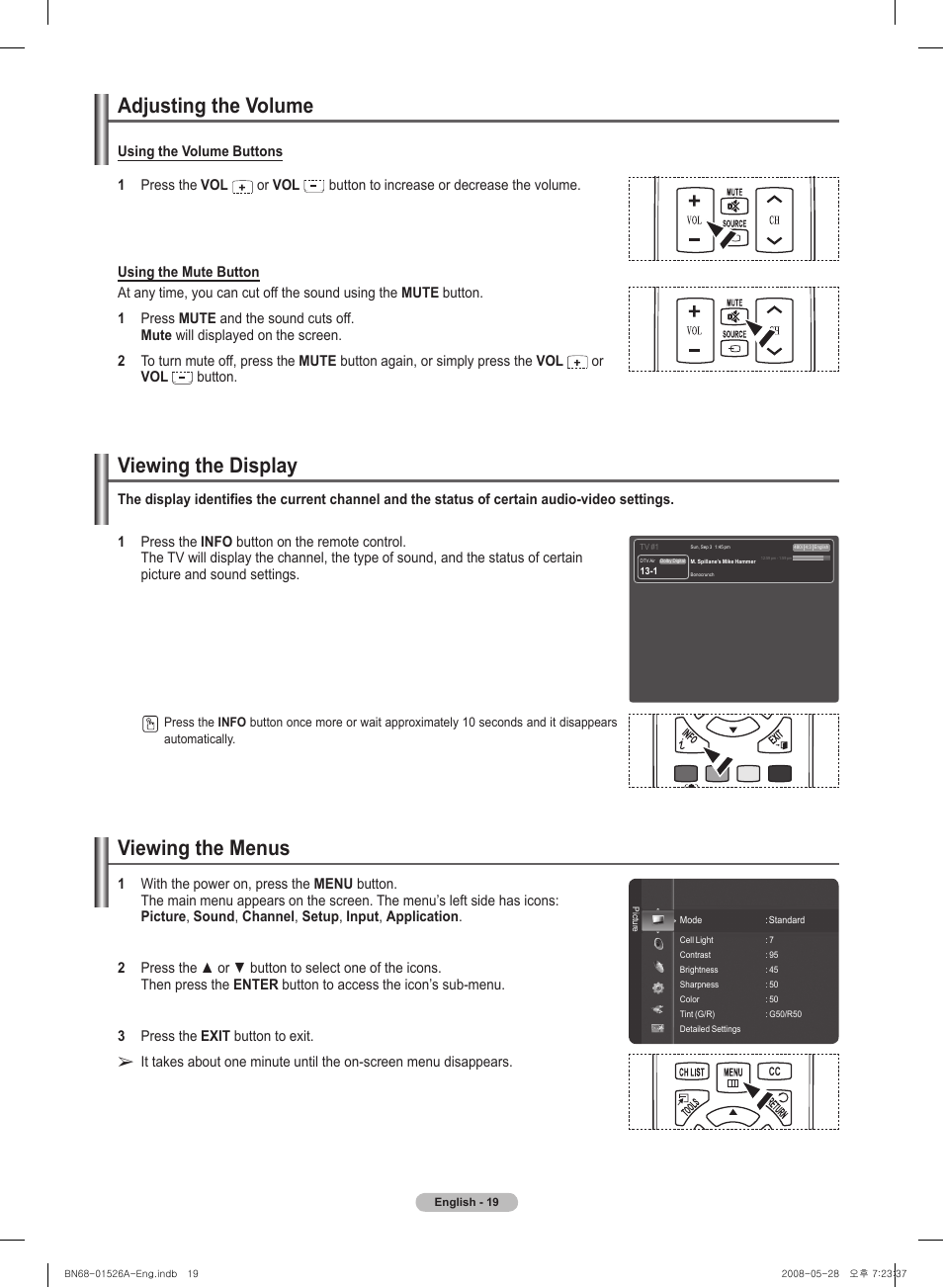 Adjusting the volume, Viewing the display, Viewing the menus | Samsung PN50A530S2FXZA User Manual | Page 19 / 168