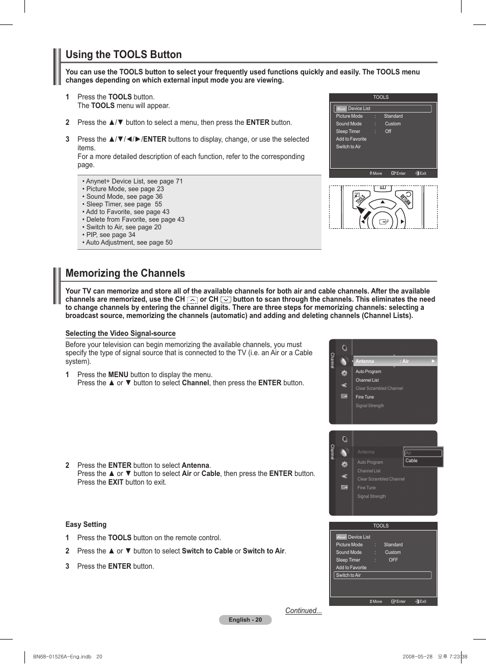 Using the tools button, Memorizing the channels | Samsung PN50A530S2FXZA User Manual | Page 20 / 168